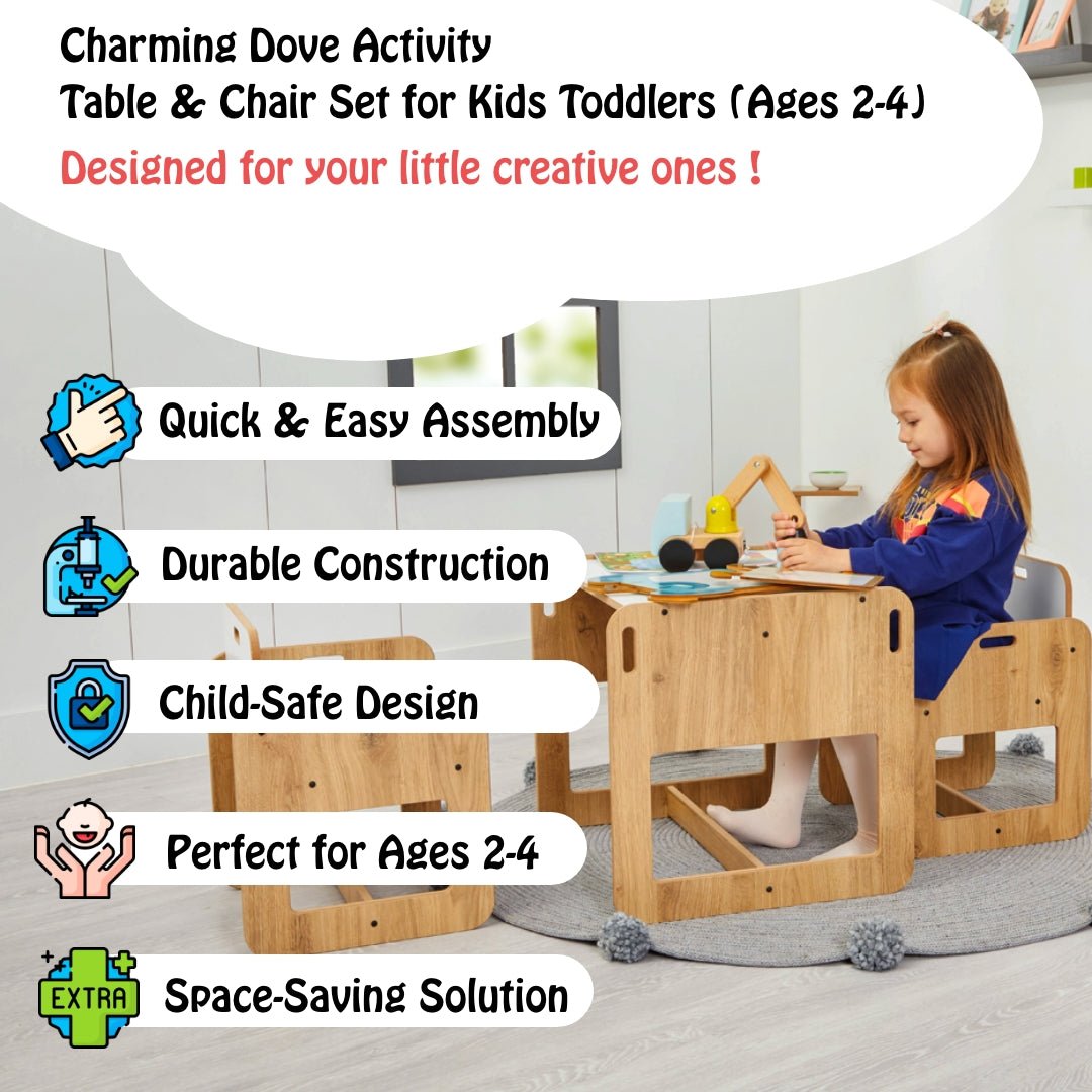 Charming Dove Activity Table & Chair Set for Kids Toddlers (Ages 2 - 4) - Montessori Kids Furniture | Jerenss