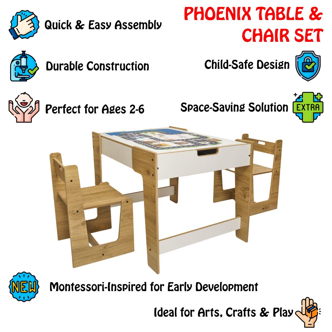 Phoenix Play Table & Chairs for Kids (Ages 2 - 4) - Montessori Kids Furniture | Jerenss